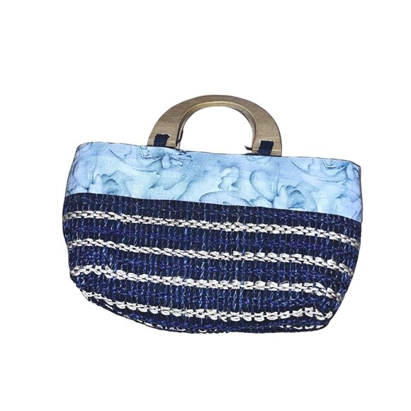 Handmade Wicker Woven Handbag with Bow and Wooden Handle 12" x 7" - Picture 2 of 7